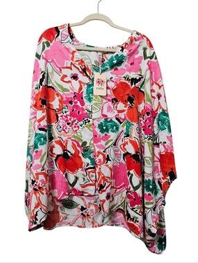 entro Pink and Red Floral Short Sleeve Flowy Lightweight Blouse NEW